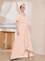 Robe Plissée en Mousseline à Col en V avec Manches Flottantes Rose Perle