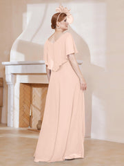 Robe Plissée en Mousseline à Col en V avec Manches Flottantes Rose Perle Grande Taille