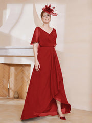 Robe Plissée en Mousseline à Col en V avec Manches Flottantes Rouge Grande Taille