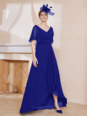 Robe Plissée en Mousseline à Col en V avec Manches Flottantes Bleu Royale
