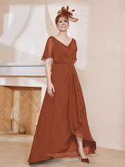 Robe Plissée en Mousseline à Col en V avec Manches Flottantes Rouille