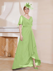 Robe Plissée en Mousseline à Col en V avec Manches Flottantes Sauge