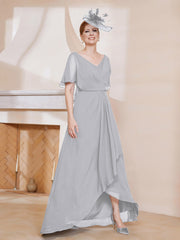 Robe Plissée en Mousseline à Col en V avec Manches Flottantes Argent Grande Taille