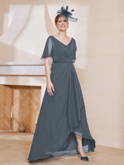 Robe Plissée en Mousseline à Col en V avec Manches Flottantes Bleu de Schiste