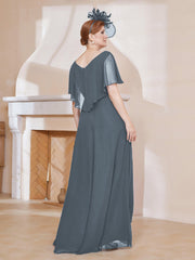 Robe Plissée en Mousseline à Col en V avec Manches Flottantes Bleu de Schiste