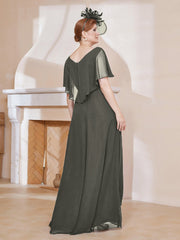 Robe Plissée en Mousseline à Col en V avec Manches Flottantes Gris Acier Grande Taille