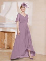 Robe Plissée en Mousseline à Col en V avec Manches Flottantes Vintage Mauve Grande Taille