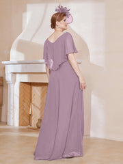 Robe Plissée en Mousseline à Col en V avec Manches Flottantes Vintage Mauve Grande Taille