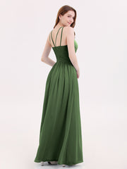 Robes avec Double Bretelle Licou Longue Mousseline Olive Verte