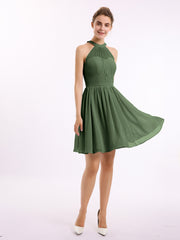 Mousseline Licou Robes Courtes De Demoiselle d'Honneur Olive Verte
