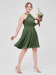 Mousseline Licou Robes Courtes De Demoiselle d'Honneur Olive Verte