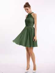 Mousseline Licou Robes Courtes De Demoiselle d'Honneur Olive Verte