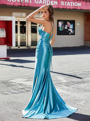 Robes de Soirée Fourreau en Satin avec Fente Teal