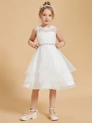 Robes de Fille Sans Manches en Dentelle à Col en Bijoux