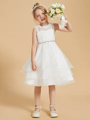 Robes de Fille Sans Manches en Dentelle à Col en Bijoux
