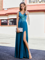 Robe de Soirée de A-ligne en Mousseline et Dentelle à Col en V Bleu Encre