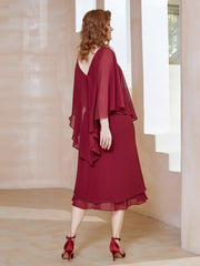 Robe Fourreau en Mousseline à Col en V Longueur de Mollet Bordeaux Grande Taille