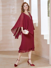 Robe Fourreau en Mousseline à Col en V Longueur de Mollet Bordeaux