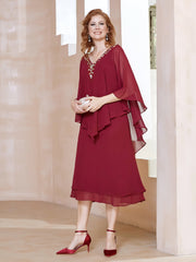 Robe Fourreau en Mousseline à Col en V Longueur de Mollet Bordeaux Grande Taille