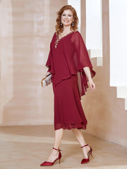 Robe Fourreau en Mousseline à Col en V Longueur de Mollet Bordeaux