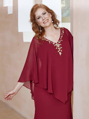 Robe Fourreau en Mousseline à Col en V Longueur de Mollet Bordeaux