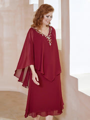 Robe Fourreau en Mousseline à Col en V Longueur de Mollet Bordeaux