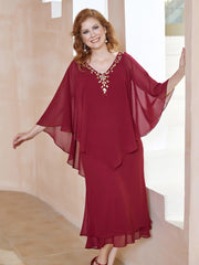 Robe Fourreau en Mousseline à Col en V Longueur de Mollet Bordeaux