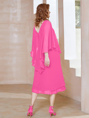 Robe Fourreau en Mousseline à Col en v Longueur de Mollet Azalée Grande Taille