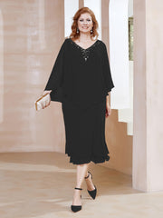 Robe Fourreau en Mousseline à Col en v Longueur de Mollet Noir Grande Taille