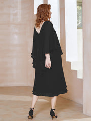 Robe Fourreau en Mousseline à Col en V Longueur de Mollet Noir