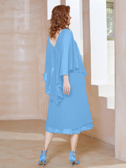 Robe Fourreau en Mousseline à Col en v Longueur de Mollet Bleu Grande Taille
