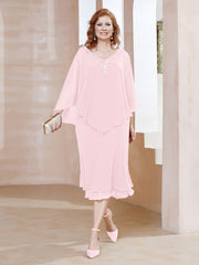 Robe Fourreau en Mousseline à Col en V Longueur de Mollet Rose Pâle