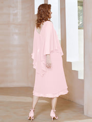 Robe Fourreau en Mousseline à Col en v Longueur de Mollet Rose Pâle Grande Taille