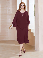 Robe Fourreau en Mousseline à Col en V Longueur de Mollet Cabernet