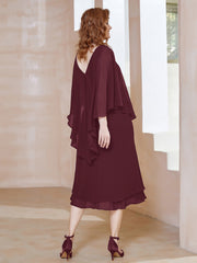 Robe Fourreau en Mousseline à Col en v Longueur de Mollet Cabernet Grande Taille