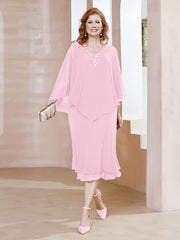 Robe Fourreau en Mousseline à Col en V Longueur de Mollet Rose Bonbon