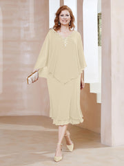 Robe Fourreau en Mousseline à Col en v Longueur de Mollet Champagne Grande Taille