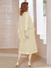 Robe Fourreau en Mousseline à Col en V Longueur de Mollet Champagne