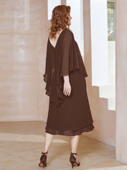 Robe Fourreau en Mousseline à Col en V Longueur de Mollet Chocolat