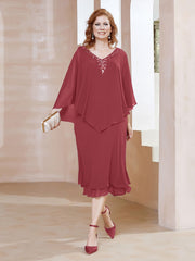 Robe Fourreau en Mousseline à Col en V Longueur de Mollet Cannelle Rose