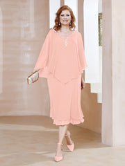 Robe Fourreau en Mousseline à Col en V Longueur de Mollet Corail