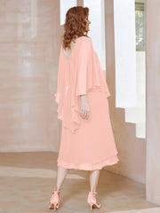 Robe Fourreau en Mousseline à Col en V Longueur de Mollet Corail