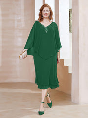 Robe Fourreau en Mousseline à Col en V Longueur de Mollet Vert Foncé