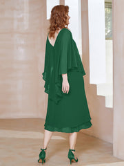 Robe Fourreau en Mousseline à Col en V Longueur de Mollet Vert Foncé