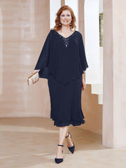 Robe Fourreau en Mousseline à Col en V Longueur de Mollet Bleu Marine