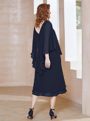 Robe Fourreau en Mousseline à Col en V Longueur de Mollet Bleu Marine