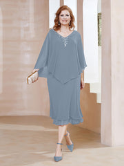 Robe Fourreau en Mousseline à Col en V Longueur de Mollet Bleu Poudré