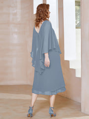 Robe Fourreau en Mousseline à Col en V Longueur de Mollet Bleu Poudré