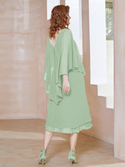 Robe Fourreau en Mousseline à Col en V Longueur de Mollet Sauge Poudrée