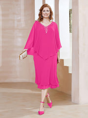 Robe Fourreau en Mousseline à Col en v Longueur de Mollet Fuchsia Grande Taille